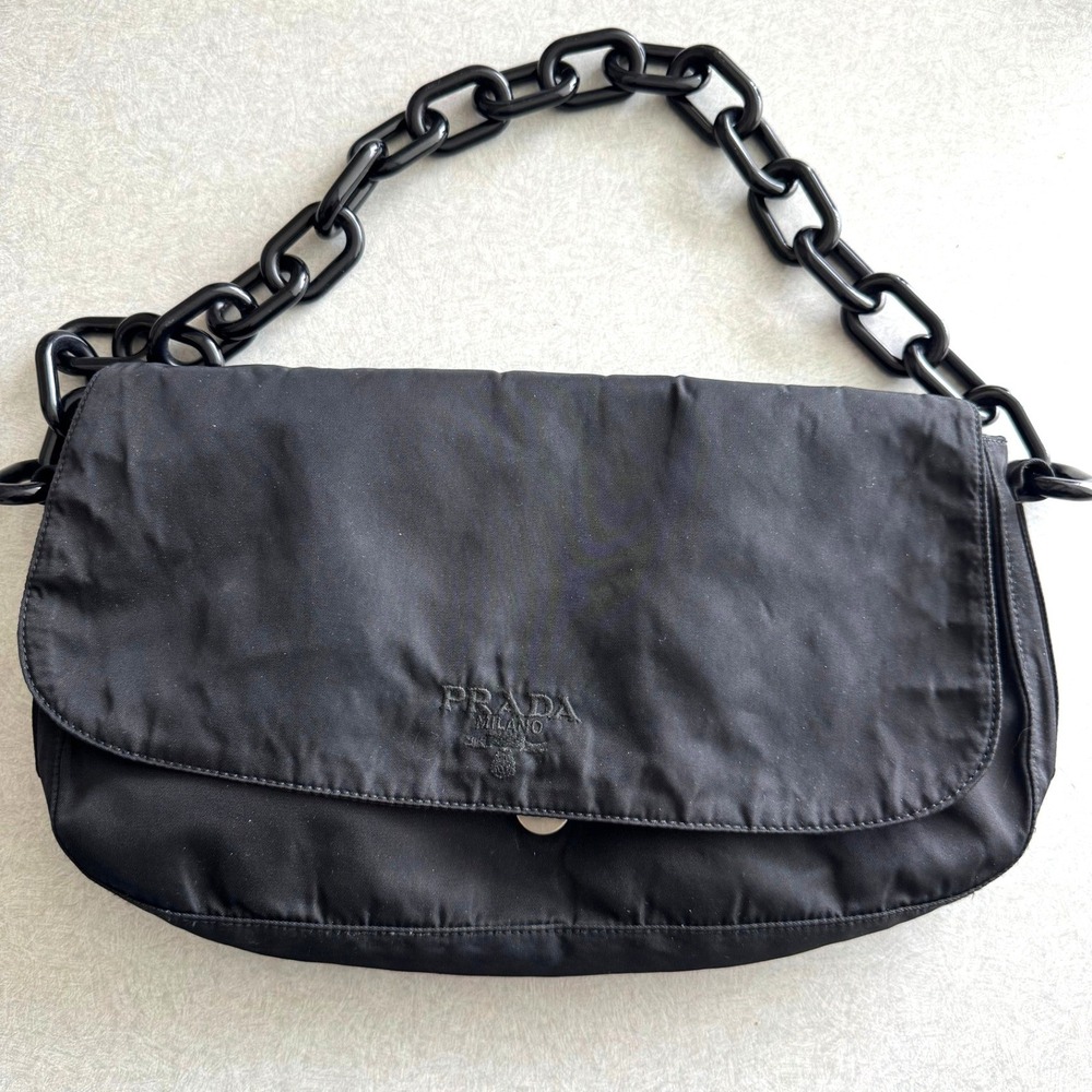 Prada Black Nylon Chain Shoulder Bag Made in Italy Authentic CoA